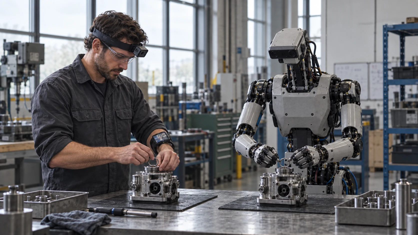 Illustrative scene of a worker with a head-mounted camera and wrist smartphone demonstrating an assembly task while a practical humanoid robot mirrors the same action