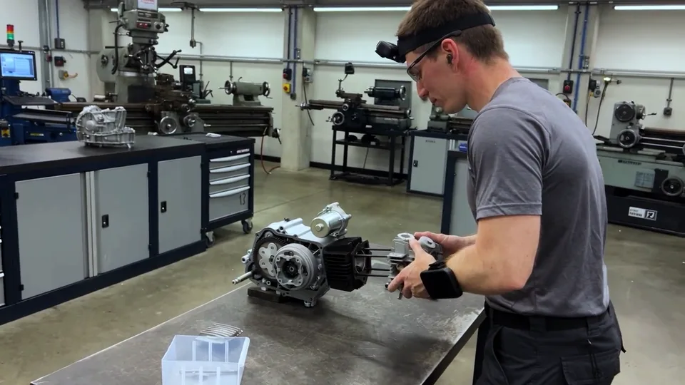 Worker using MiAssist while assembling an engine in a machine workshop