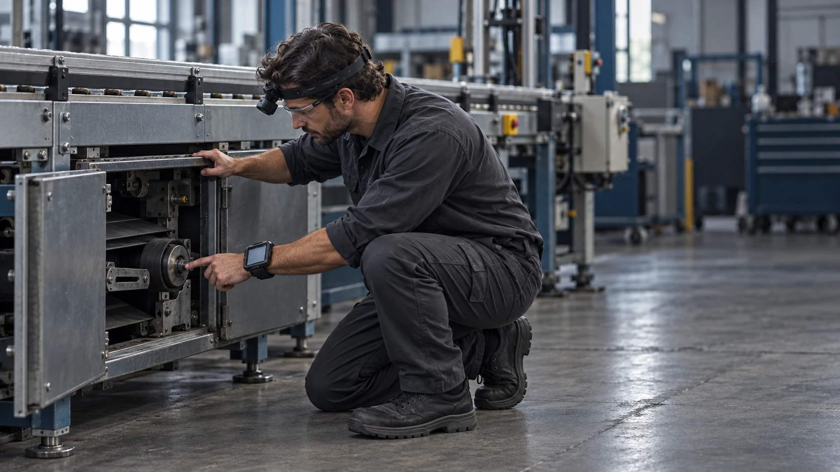 Technician crouching beside a conveyor to inspect its lower mechanism, wearing a head-mounted camera and wrist-mounted smartphone